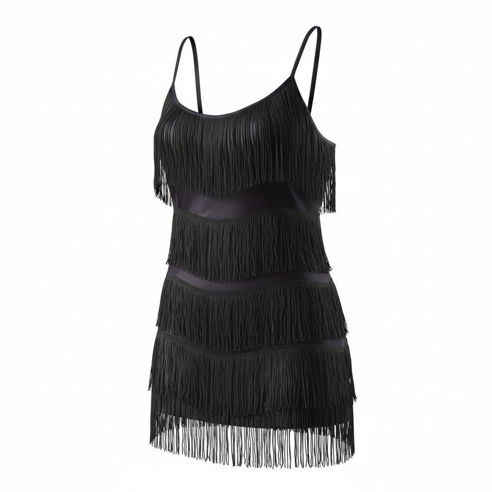 French Connection Black Fringe Camisole Top Size 2 Tiered Flapper Sleeveless